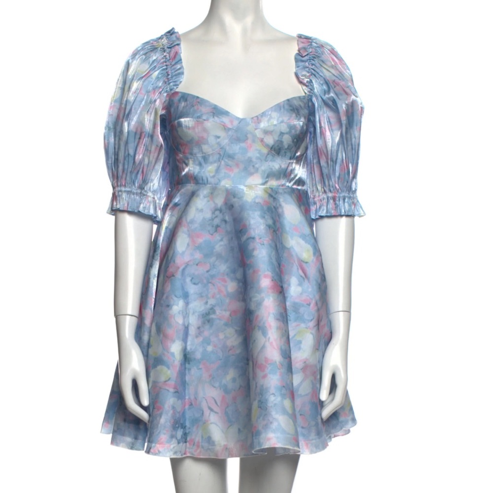 Elegant Floral Puff Sleeve Dress in Blue and Pink